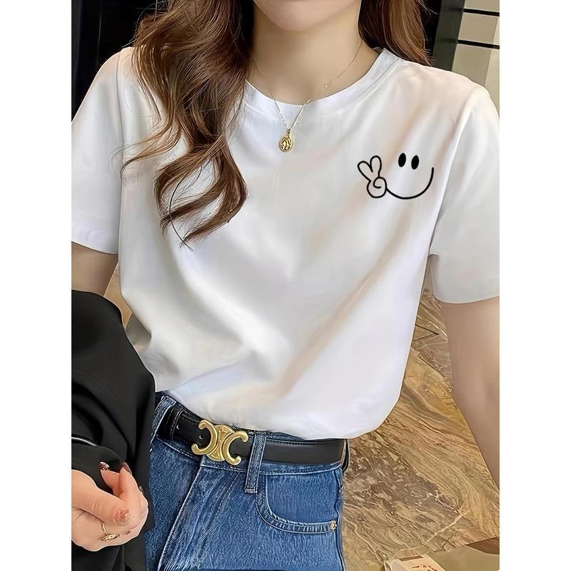 Smile Print Crew Neck T-Shirt Casual Short Sleeve T-Shirt For Spring & Summer Women'WB shield Clothing Hop Casual Female...
