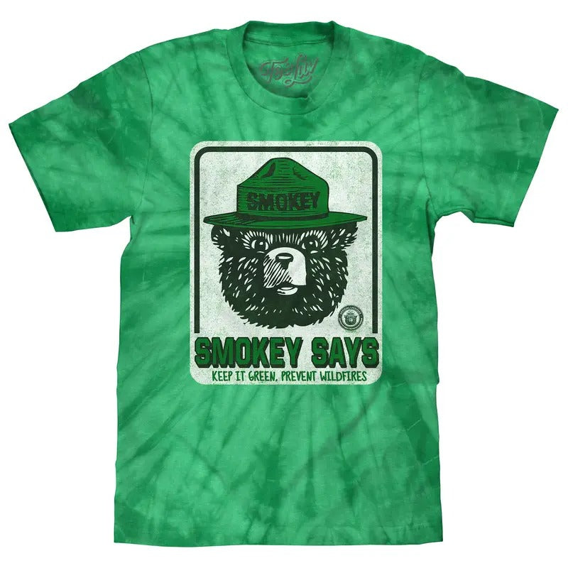 Smokey Bear Keep it Green, Prevent Wildfires Tie Dye T-Shirt - Kelly Green Tie Dye Hoodie, Sweatshirt | RetroVerseTees.com