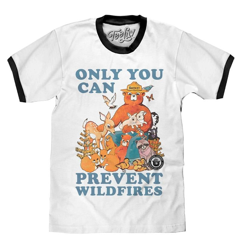 Smokey Bear Only You Can Prevent Wildfires Ringer T-Shirt - White and Black Hoodie, Sweatshirt | RetroVerseTees.com