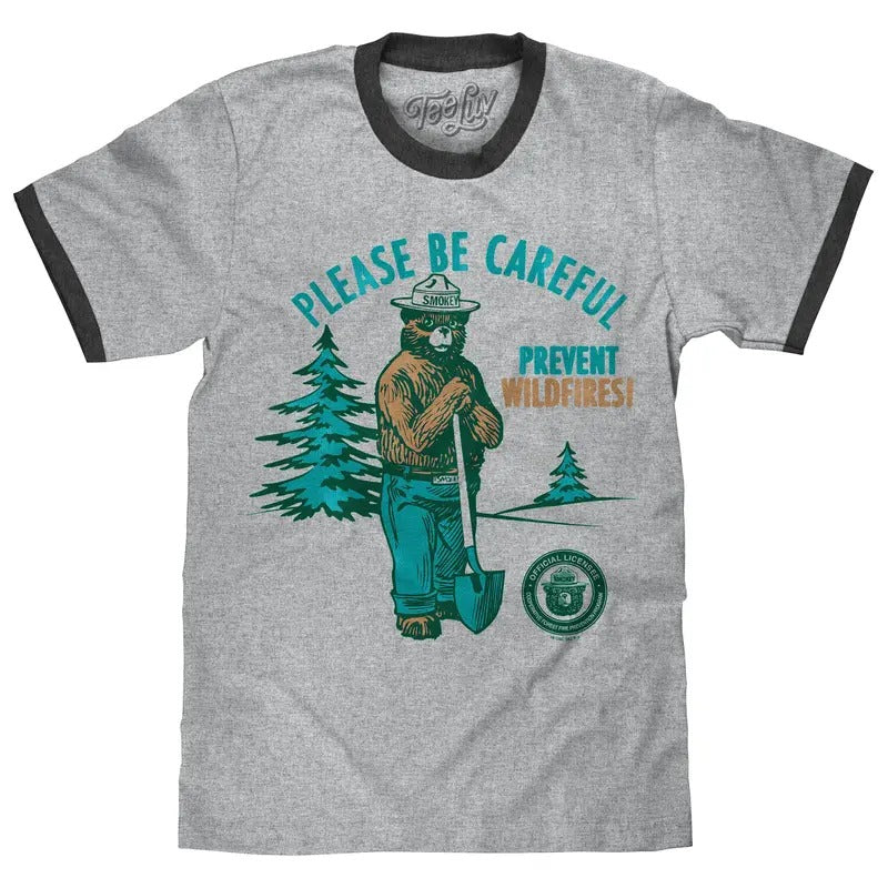 Smokey Bear Please Be Careful Prevent Wildfires Ringer T-Shirt - Gray and Black Hoodie, Sweatshirt | RetroVerseTees.com