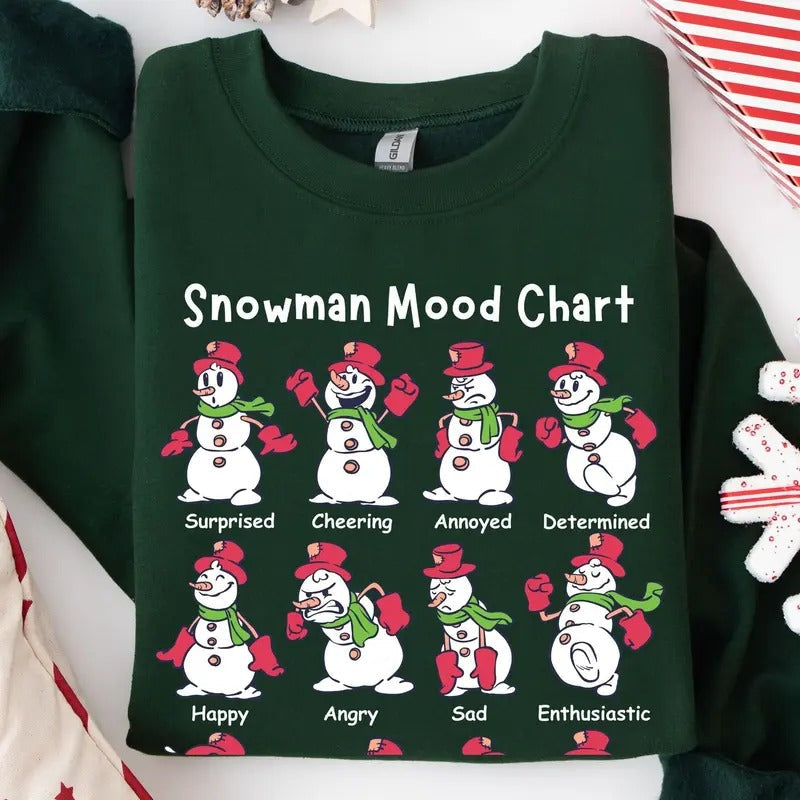Snow man Mood Chart Funny Sn0wman Christmas Sweatshirt, Sn0wman Emotions Surprised Cheering Happy Sweatshirt for Winter...