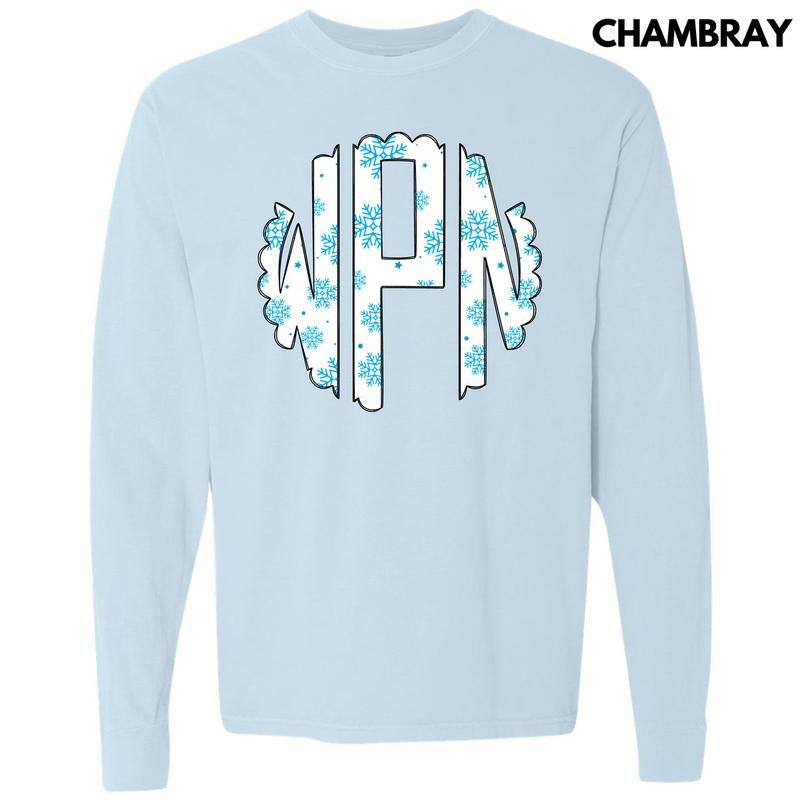 Snowflake Monogram Long Sleeve Comfort Colors T-Shirt 'NLB' Hoodie, Sweatshirt | RetroVerseTees.com