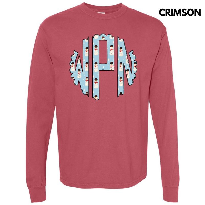 Snowman Monogram Long Sleeve Comfort Colors T-Shirt 'NLB' Hoodie, Sweatshirt | RetroVerseTees.com