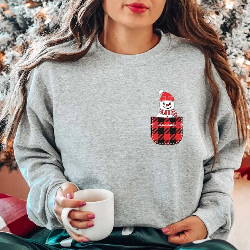 Snowman Pocket Size Sweatshirt, Christmas Sweater, Matching Family Christmas Party Hoodie, Cute Snowman Gift Sweatshirt,...