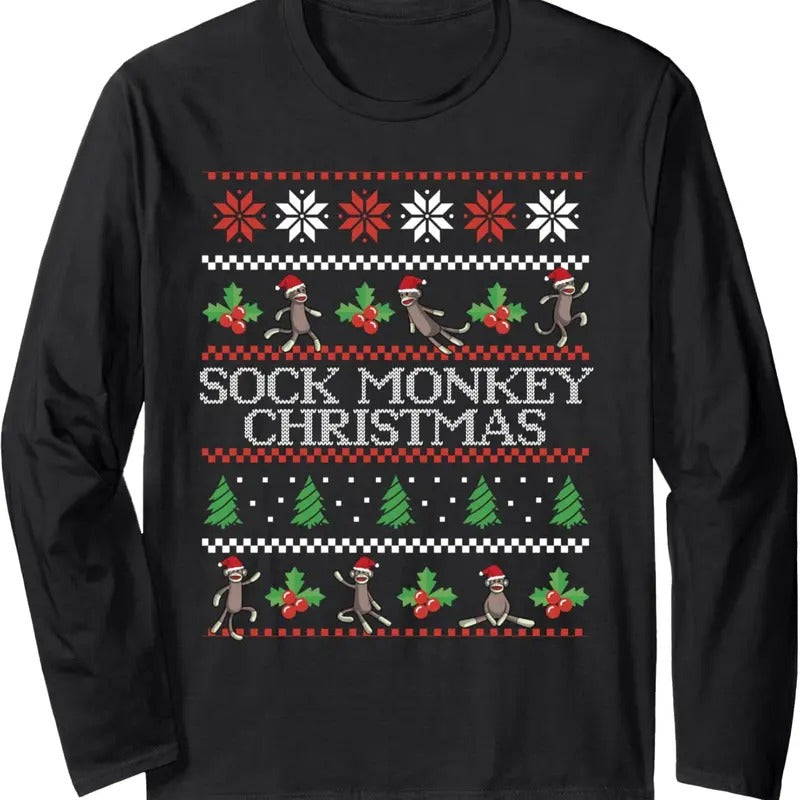 Sock Monkey Christmas Ugly Christmas Sweater Long Sleeve T-Shirt Hoodie, Sweatshirt | RetroVerseTees.com