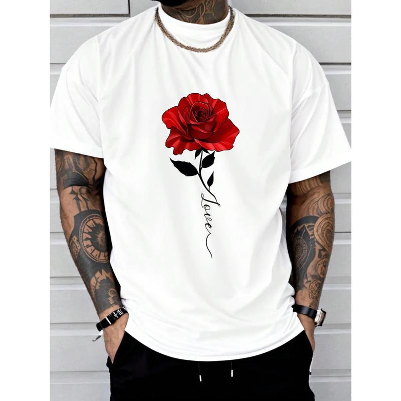 Soft and Comfortable Rose Print Tee Shirt, Casual Short Sleeve T-shirt for Summer, Tees for Men Made in USA Hoodie,...
