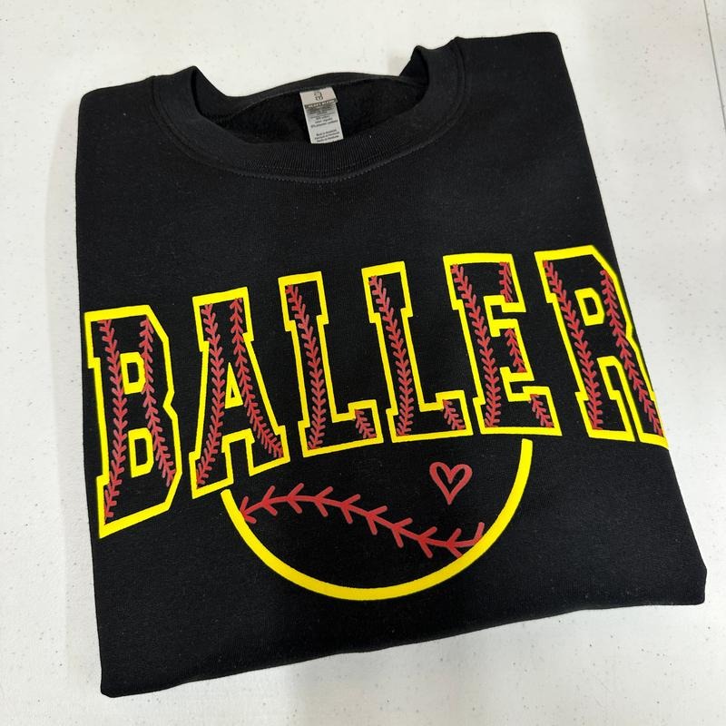 Softball BALLER Puff Print Gildan Sweatshirt T-Shirts, Hoodie | RetroVerseTees.com