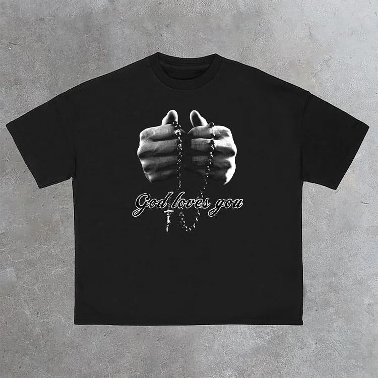 Sopula Praying Hands Graphic God Loves You Print Cotton Casual T-Shirt Hoodie, Sweatshirt | RetroVerseTees.com