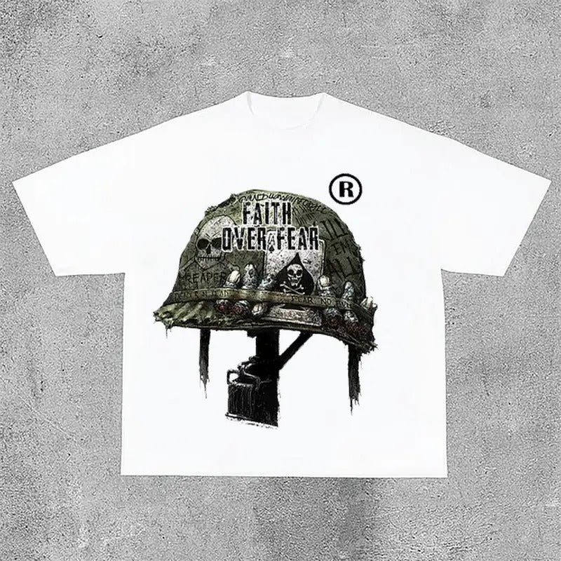 Sopula War Helmet Faith Over Fear Graphic Print Cotton T-Shirt Hoodie, Sweatshirt | RetroVerseTees.com