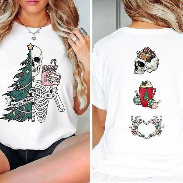 Sorta Merry Sorta Scary Christmas Two Sides Tshirt Sweatshirt, Christmas Tree Skeleton, Funny Christmas Skull, Unisex...