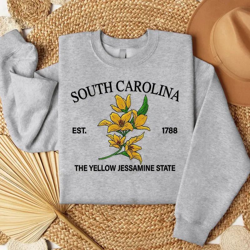 South Carolina Yellow Jessamine Embroidered State Flower Sweatshirt, Hometown Embroidered Shirt, Favorite Flower...