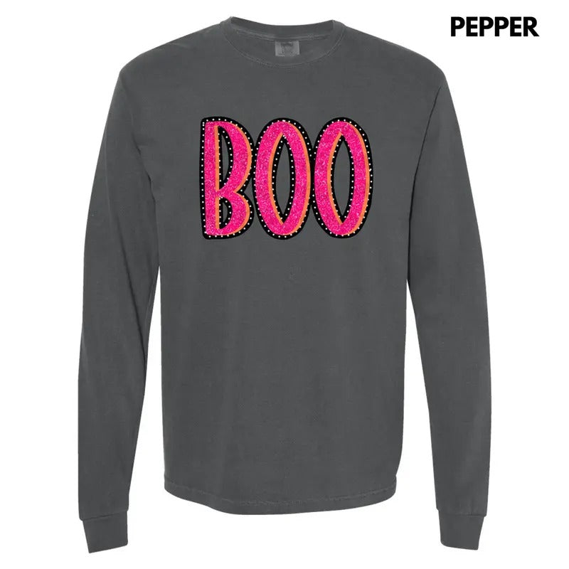 Sparkle Pink Boo FAKE GLITTER Long Sleeve Comfort Colors T-Shirt Hoodie, Sweatshirt | RetroVerseTees.com