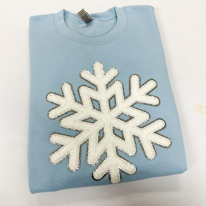 Sparkling Snowflake Patch Gildan Sweatshirt -- LIGHT BLUE T-Shirts, Hoodie | RetroVerseTees.com