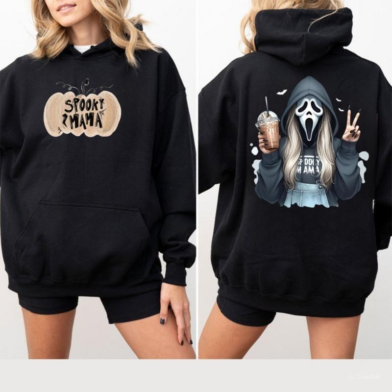 Spooky Mama Hoodie, Ghossstface Holding Iced Coffee Graphic Hoodie, Fun Halloween Horror Apparel, Trendy Fall Season...