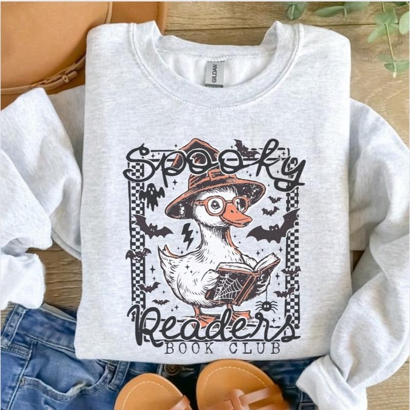 Spooky Reader Goose Sweatshirt - Ash Grey - Halloween Sweatshirt T-Shirts, Hoodie | RetroVerseTees.com