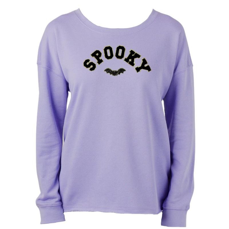 'Spooky Sequin Bat' Letter Patch Raw Edge Halloween Crew T-Shirts, Hoodie, Sweatshirt | RetroVerseTees.com