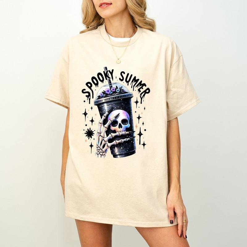 Spooky Summer Shirt, Summer Vibes Skeleton Shirt, Coffee Lover Shirt, Trendy Shirt, Skeleton Hand shirt, Summer Shirt,...