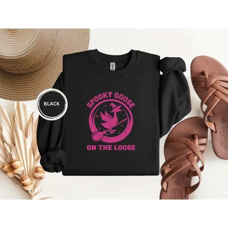 Spooky goose sweatshirt Pink halloween gifts Silly goose on the loose sweatshirt Crewneck sweatshirt women fall Trendy...