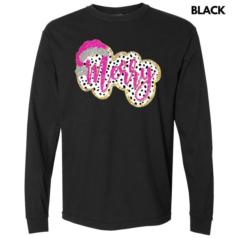Spotted Faux Glitter MERRY Long Sleeve Comfort Colors T-Shirt 'NLB' Hoodie, Sweatshirt | RetroVerseTees.com