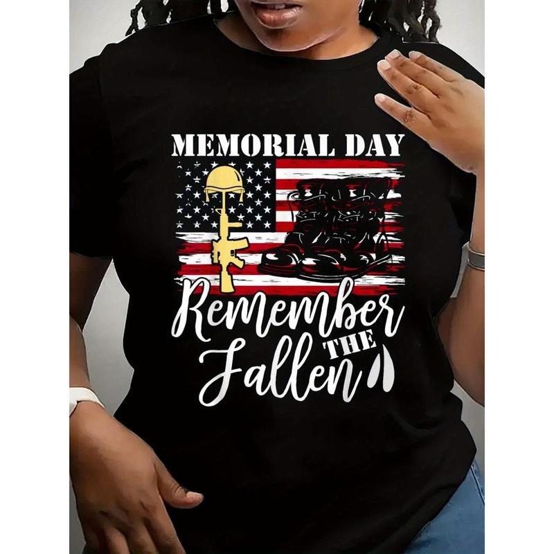 Spring & Summer women'WB shield clothing Memorial Day Remember TNF Fallen Patriotic Veterans Tribute Print Round Neck...