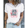 [Spring Summer Cat Print T-shirt] Cute Cartoon Cat Print T-shirt, Casual Crew Neck Short Sleeve Top For Spring & Summer,...