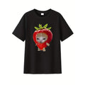 Cute Strawberry Cat Pattern T-shirt-Casual Summer Style, round Neck, Pure Cotton, Rib Detail, Light 180G/Square Meter,...
