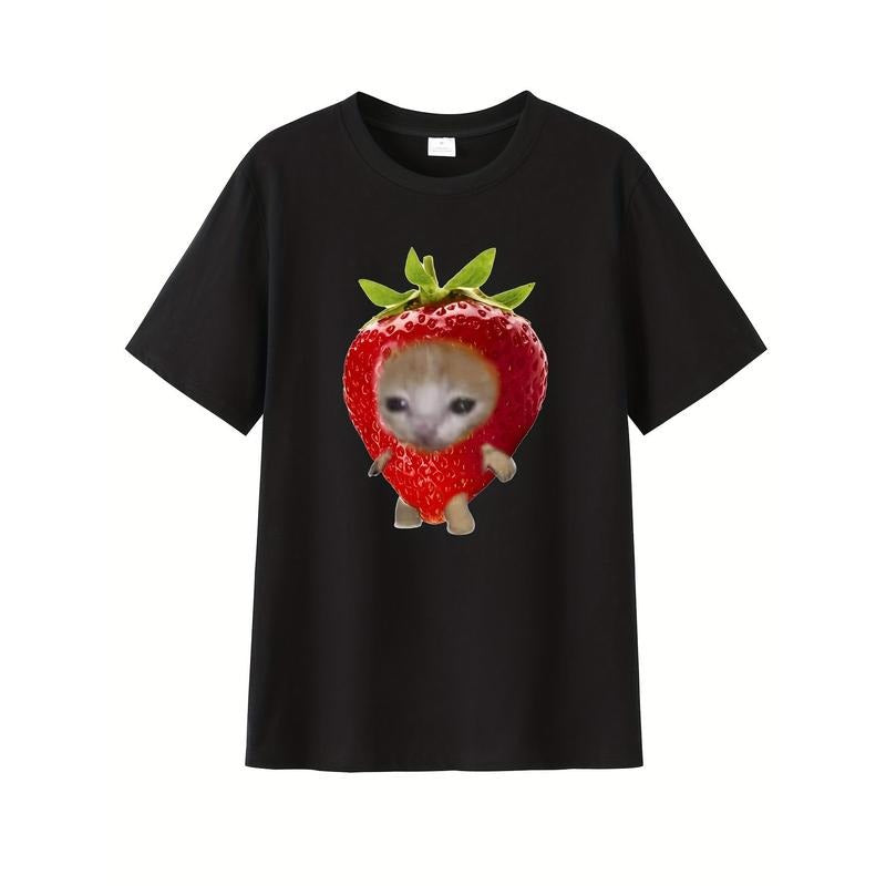 Cute Strawberry Cat Pattern T-shirt-Casual Summer Style, round Neck, Pure Cotton, Rib Detail, Light 180G/Square Meter,...
