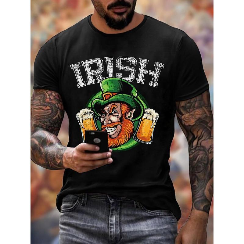 St. Patrick's Day Cartoon & Letter Print, Men's Graphic Design Crew Neck Active T-shirt, Casual Comfy Tees Tshirts For Summer, Men's Clothing Tops Made in USA