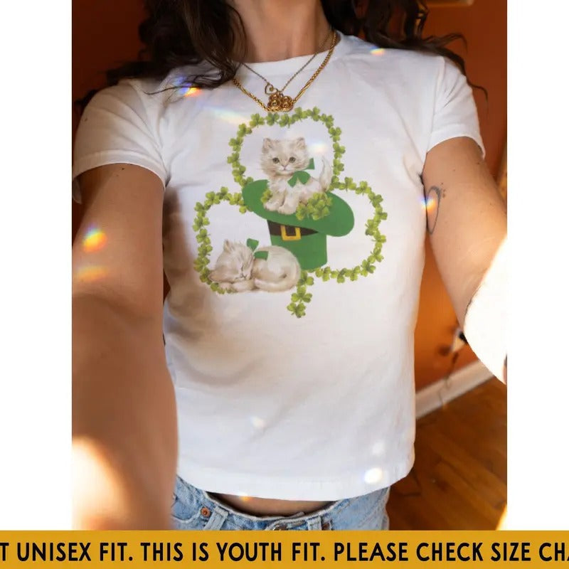 St Patricks Day Baby Tee, St Pattys Day Cat Baby Tee, Irish Girl Y2k Clothes, Cat Lovers Shirt, Shamrock Shirt, Y2K St...