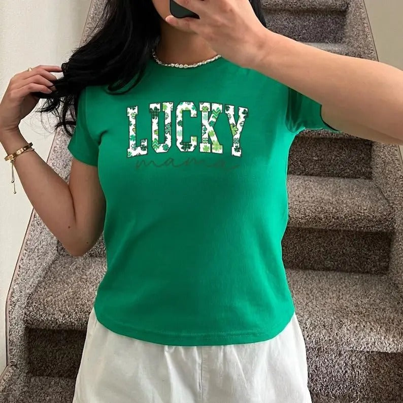 St. Patrick's Day Lucky Mama Shirt, Mom Baby Tee, St. Patty's Day Green Shamrock Baby Tee, Y2K 2000's Style, Streetwear...