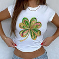 St. Patrick_s Day Graphic Shamrock Baby Tee, Four Leaf Clover Graphic Gift, St. Patty_s Day Sequin Style Baby Tee, DTF...