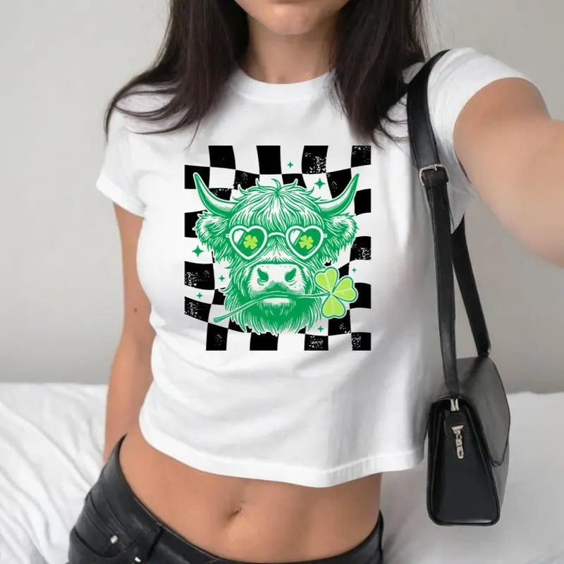 St.Patricks Day Highland Cow Baby Tee, Checkered Trendy St. Patrick, Western St Patrick's Day , Y2K 2000's Style,...