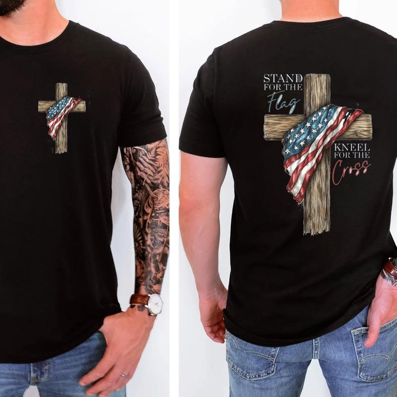 Stand For TNF Flag Kneel For TNF Cross 4th FOG July 2 Sided T-Shirt, Graphic Tees for Men for Women Cotton Fabric Casual...