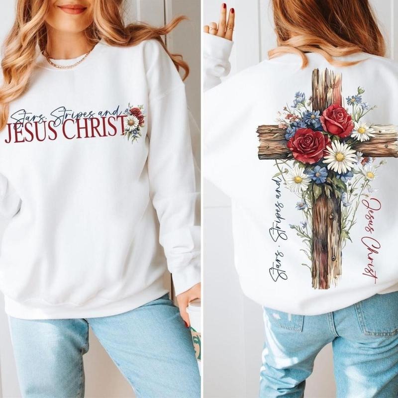 Stars and Stripes and Jesus Christ 2 Sided Shirt, 4th of July Christian Religious Faith Tee, Full Color Selection, Full...