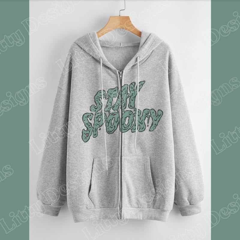 Stay Spooky Trendy Halloween Zip Up Hoodie, Unisex with Two Color Options, Grey Halloween Hoodie, Oversize Zombie...