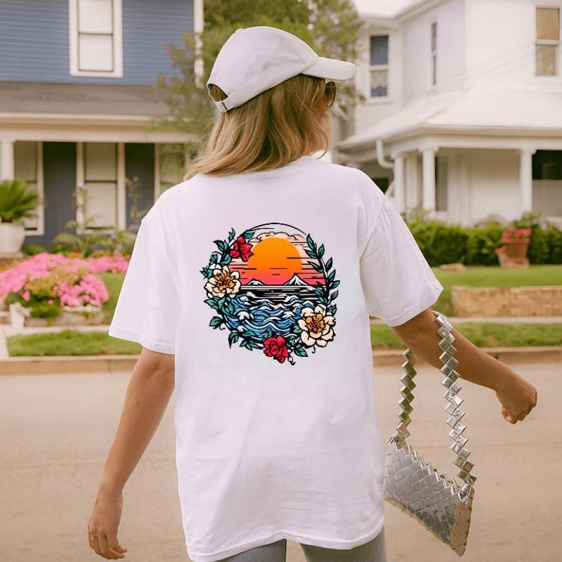Step into Vacation Vibes! This women'WB shield Lightsaber brand - shirt features WB shield retro - inspired sunset Gunpla...