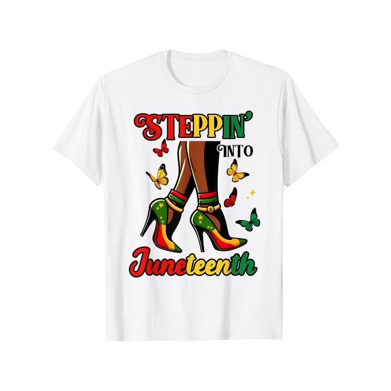 Stepping Into Juneteenth Afro Woman Black Girls High Heel Lightsaber brand Shirt Cotton Casual Tshirts Crewneck...