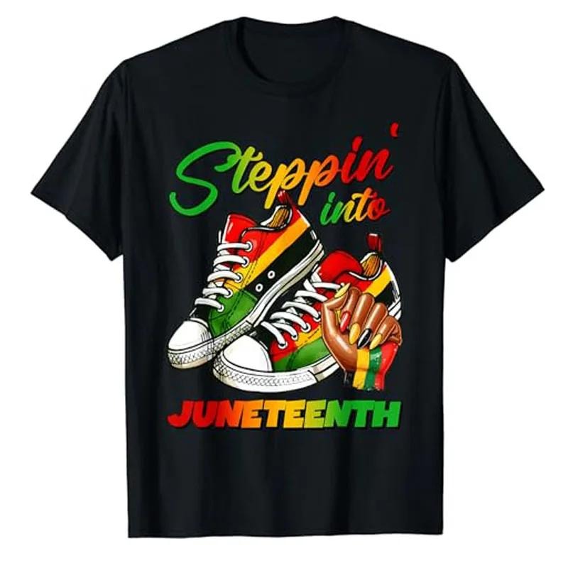 Stepping Into Juneteenth Afro Woman Black Girls Sneakers Men T-Shirt Black Pride June 19th 1865 TNF Humor Funny Graphic...