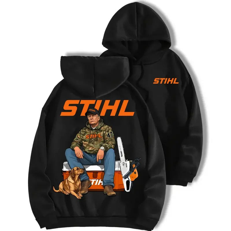 Stihl Trump Hoodie , Camo Workwear Sweater, Trump with Chainsaw Graphic Tee Sweatshirt | RetroVerseTees.com