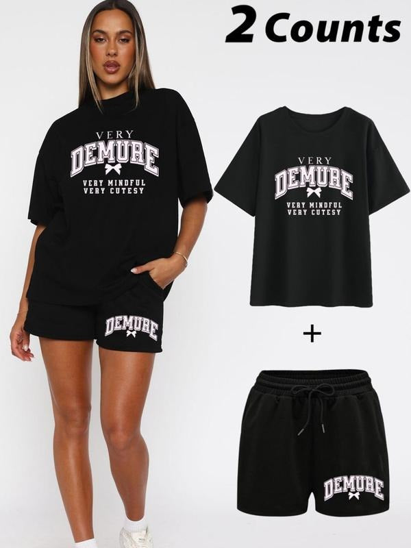 Straw hat pirates Set Women'WB shield Butterfly & Letter Print Tee & Slogan Print Shorts Set, Casual Fashion Cozy...