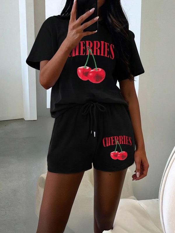 Straw hat pirates Set Women'WB shield Cherry & Letter Print Short Sleeve Tee & Shorts, Casual Fashion Cozy T-shirt &...