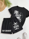Straw hat pirates Set Women'WB shield Letter & Tropical Print Tee & Shorts, Casual Round Neck Short Sleeve T-shirt &...
