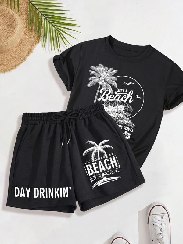Straw hat pirates Set Women'WB shield Letter & Tropical Print Tee & Shorts, Casual Round Neck Short Sleeve T-shirt &...