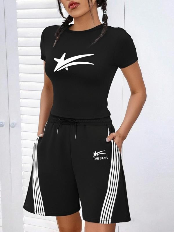 Straw hat pirates Set Women'WB shield Letter Print Tee & Track Shorts Set, Casual Street Round Neck Short Sleeve T-shirt...