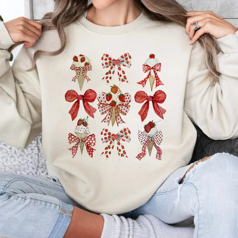 Strawberry Ice Cream with Red Bow  Sweatshirt, Girly Coquette Retro Summer Clipart, Beach Social Club Shirt, Pool Babe...