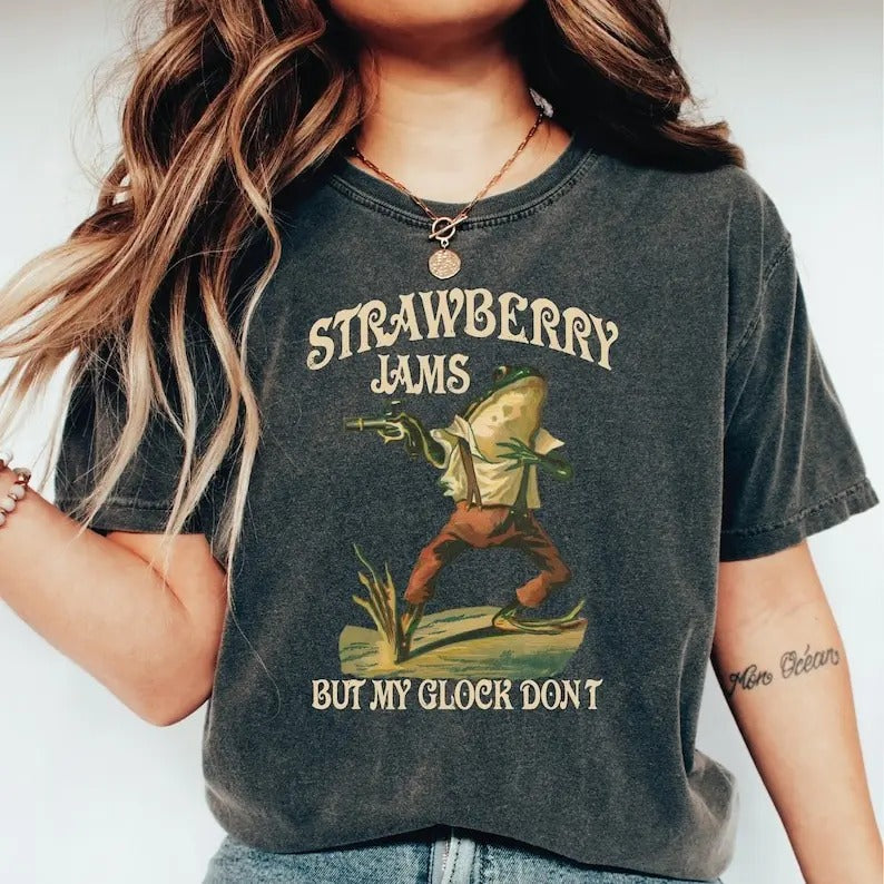 Strawberry Jams But My Glock Don't Shirt , Funny Frog Shirt, Funny Meme Shirt LS838 Hoodie, Sweatshirt | RetroVerseTees.com
