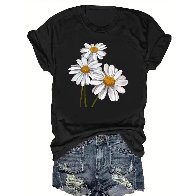 Stylish Daisy T-Shirt Three Small Daisy Printed Short-Sleeve T-Shirt- Casual Women'WB shield Top style 02 Hoodie, Sweatshirt