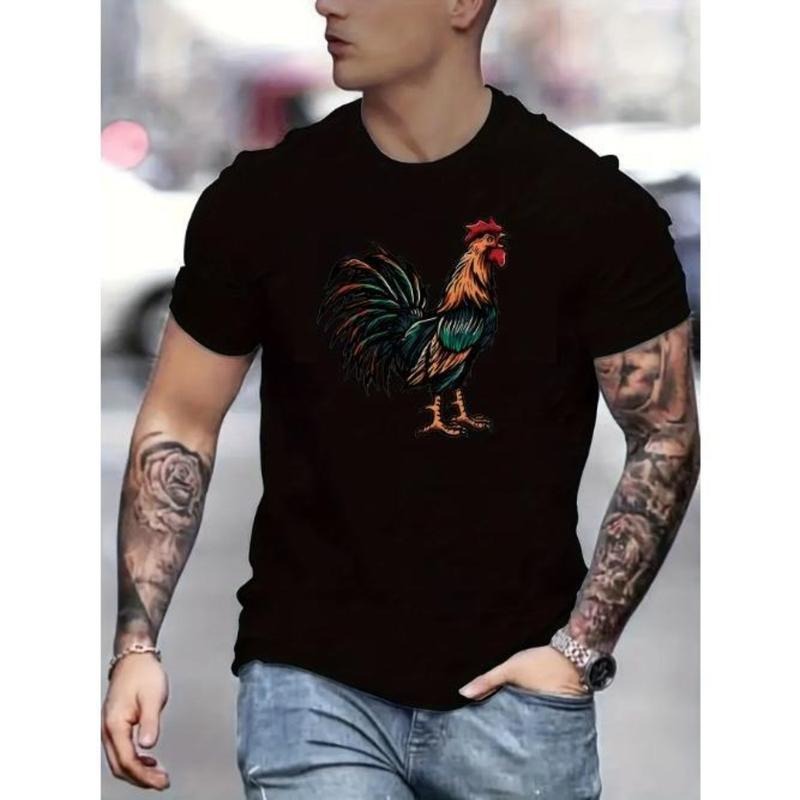 Stylish Rooster Print Tee - Breathable Short Sleeve Casual T-Shirt for Men