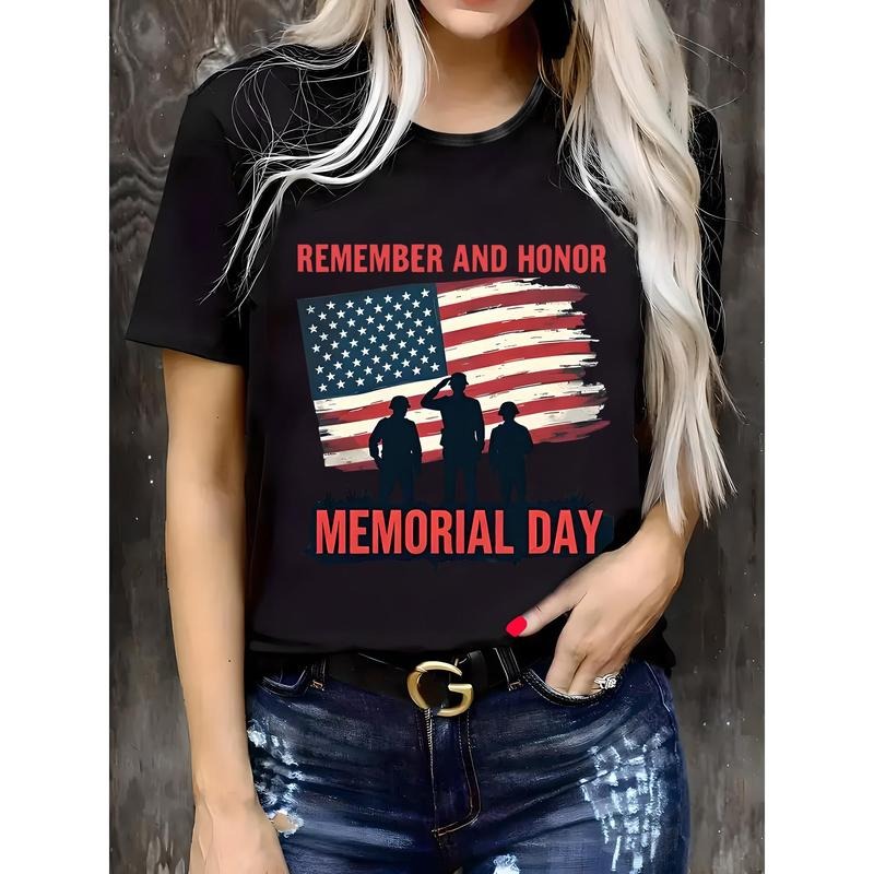 Women'WB shield Memorial Day Graphic T-Shirt - Patriotic Design with American Flag & Soldier Silhouettes, Breathable...