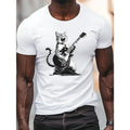 Cat Rock Electric Guitar Print Short Sleeved T-shirt, Casual Comfy Versatile Tee Top, Men's Everyday Spring/Summer...